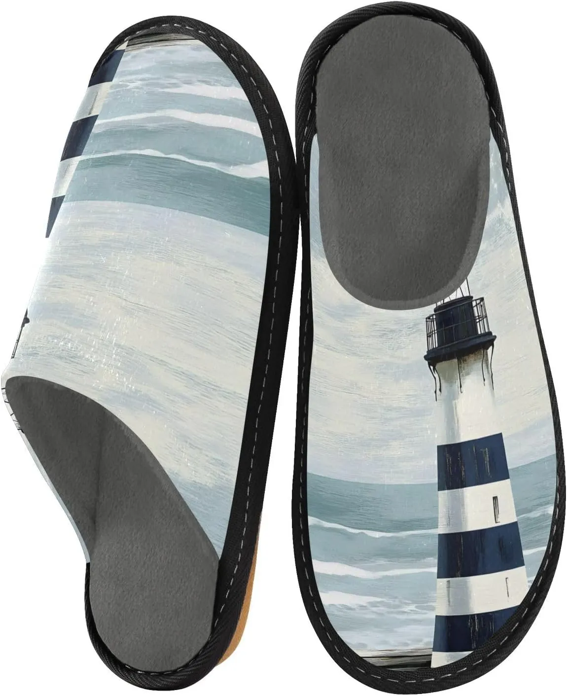 Men’s Women’s Memory Foam Scuff Slippers Lighthouse Beach Retro Indoor Outdoor Slippers Size 4-5