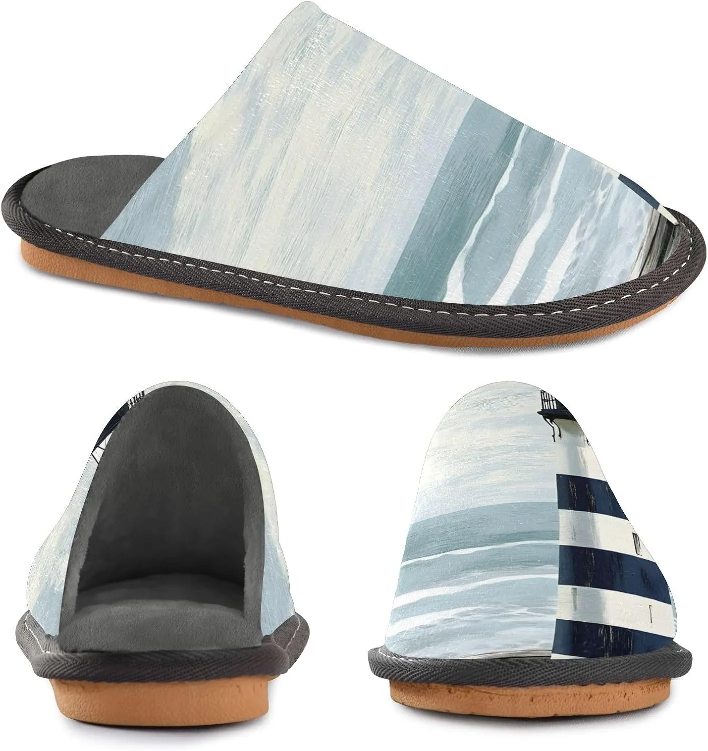 Men’s Women’s Memory Foam Scuff Slippers Lighthouse Beach Retro Indoor Outdoor Slippers Size 4-5