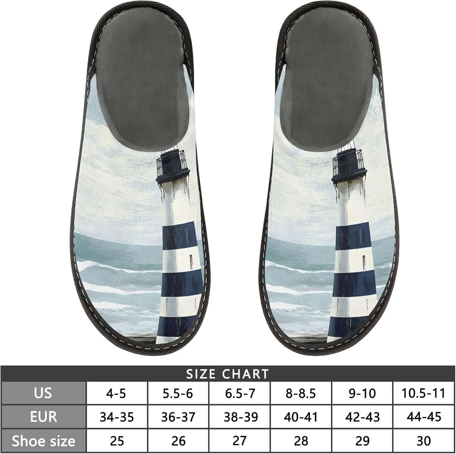 Men’s Women’s Memory Foam Scuff Slippers Lighthouse Beach Retro Indoor Outdoor Slippers Size 4-5