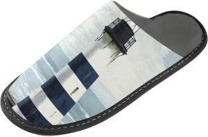Men’s Women’s Memory Foam Scuff Slippers Lighthouse Beach Retro Indoor Outdoor Slippers Size 4-5