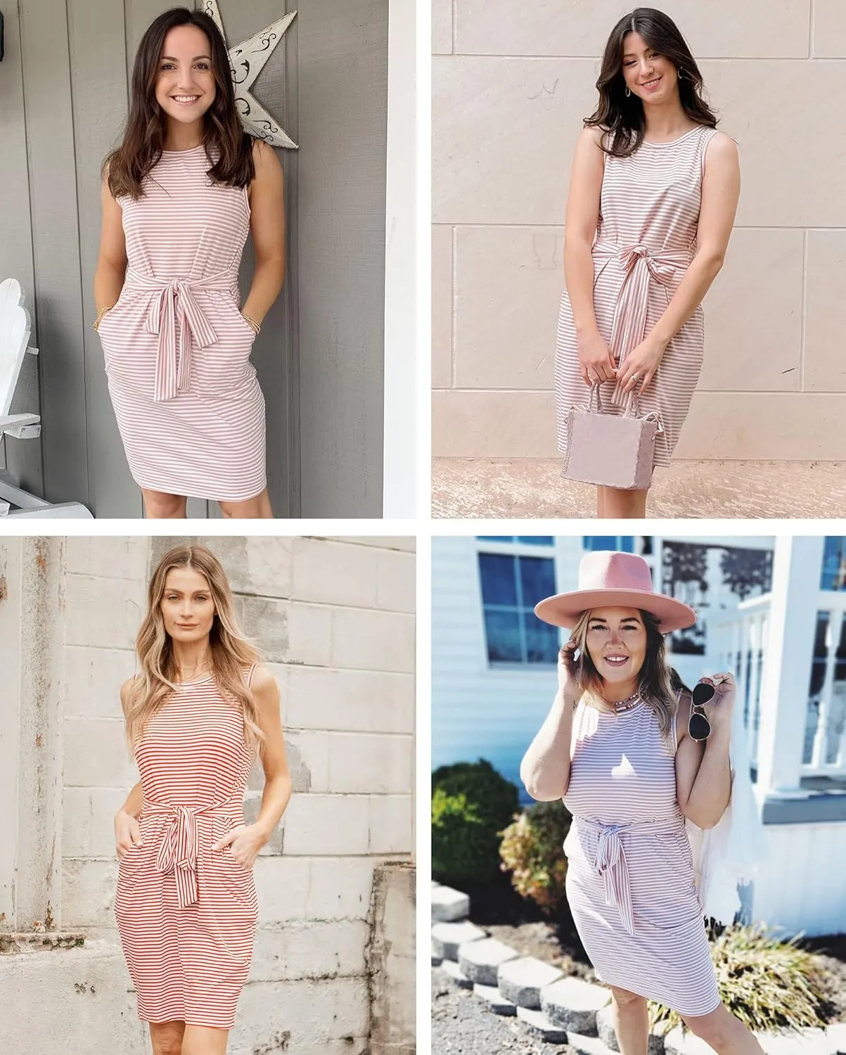 MEROKEETY Womens 2025 Summer Sleeveless Striped T Shirt Dress Casual Crew Neck Tie Waist Mini Dresses