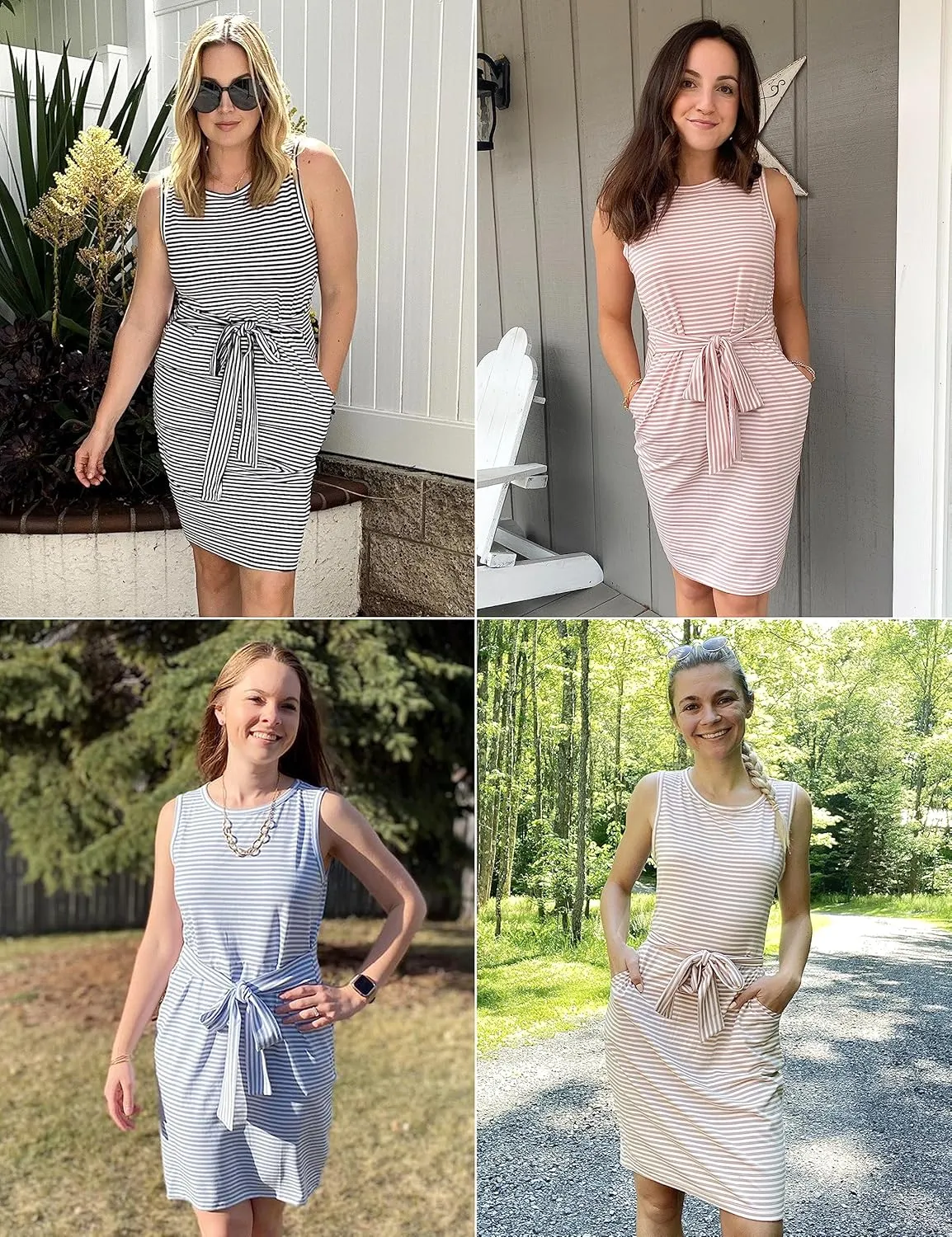 MEROKEETY Womens 2025 Summer Sleeveless Striped T Shirt Dress Casual Crew Neck Tie Waist Mini Dresses