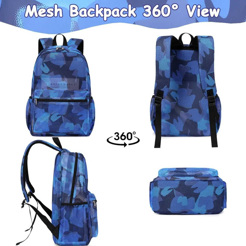 Mesh Backpack for Boys Blue Mesh School Backpack for Kids Boys 2 in 1 Set See Through Casual Backpack for Teen Boys Girls