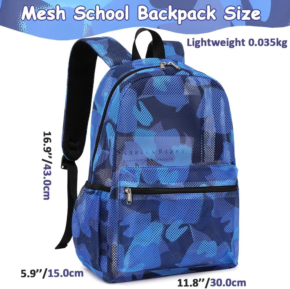 Mesh Backpack for Boys Blue Mesh School Backpack for Kids Boys 2 in 1 Set See Through Casual Backpack for Teen Boys Girls