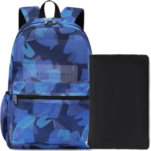 Mesh Backpack for Boys Blue Mesh School Backpack for Kids Boys 2 in 1 Set See Through Casual Backpack for Teen Boys Girls
