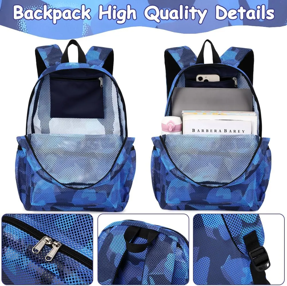 Mesh Backpack for Boys Blue Mesh School Backpack for Kids Boys 2 in 1 Set See Through Casual Backpack for Teen Boys Girls