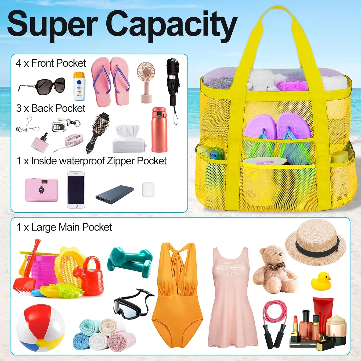 Mesh Beach Bags for Women - Plus Waterproof Sandproof Tote Bag