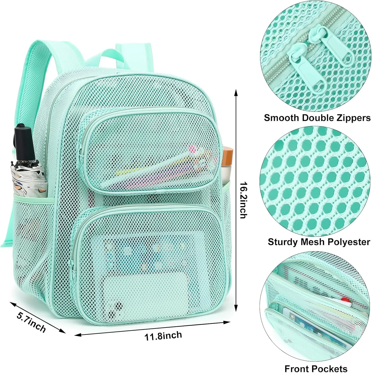 Mesh School Backpack for Girls Boys, Heavy Duty Mesh Bookbag School Bag for Adults Kids Swimming Beach Fitness Sport (Green)