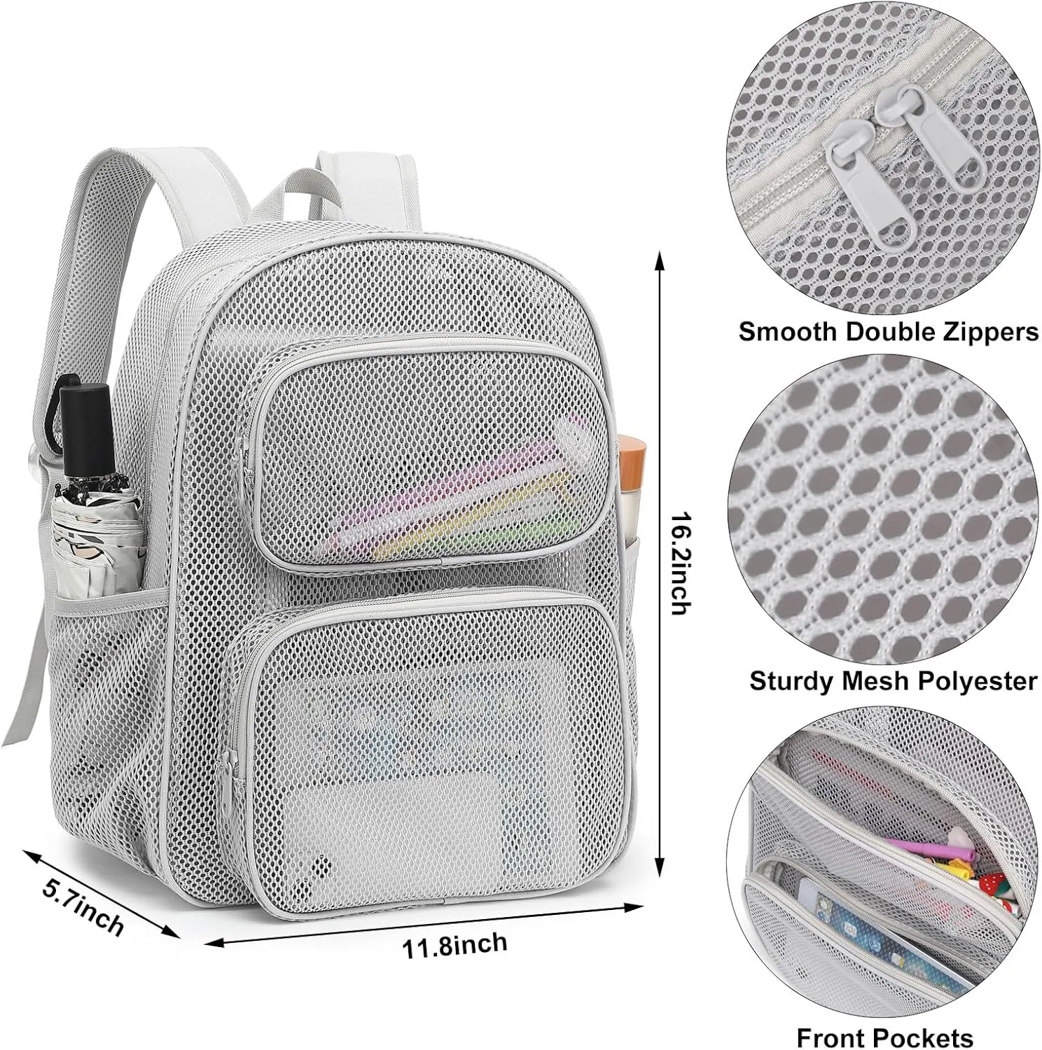 Mesh School Backpack for Girls Boys, Heavy Duty Mesh Bookbag School Bag for Adults Kids Swimming Beach Fitness Sport (Grey)
