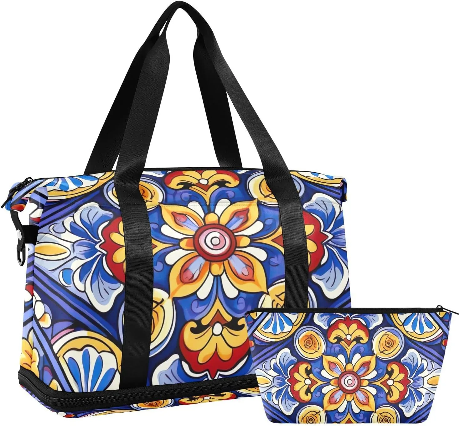 Mexican Ceramic Tile Gym Bag for Women Sport Travel Duffel Bag Shoulder Weekender Overnight Bags with Wet Pocket & Shoe Compartment