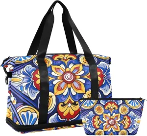 Mexican Ceramic Tile Gym Bag for Women Sport Travel Duffel Bag Shoulder Weekender Overnight Bags with Wet Pocket & Shoe Compartment