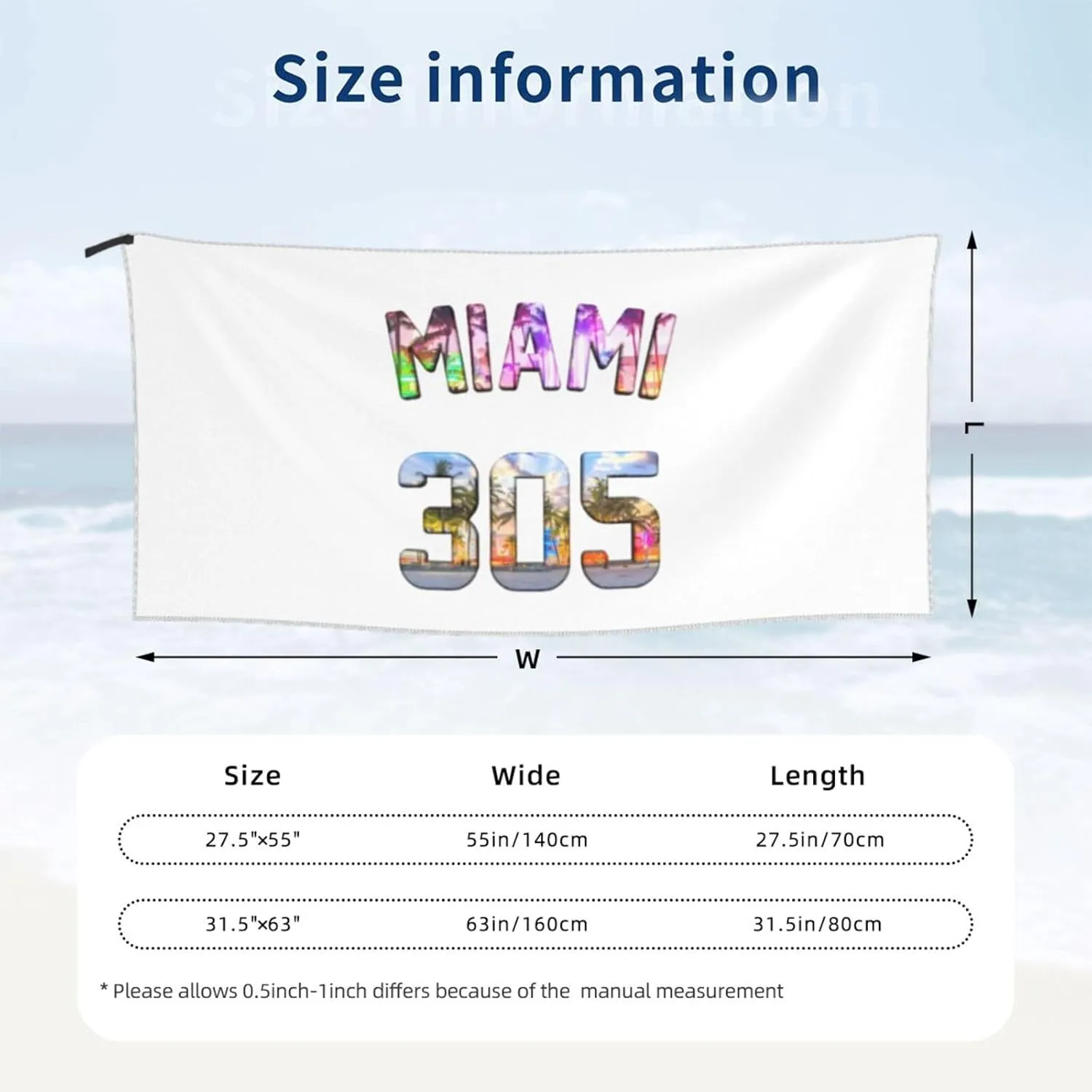 Miami 305 Beach Towel Quick Dry Sand Free Lightweight Large 31.5"x63" with Travel Bag - Vacation Essentials Bath Towel for Pool, Summer