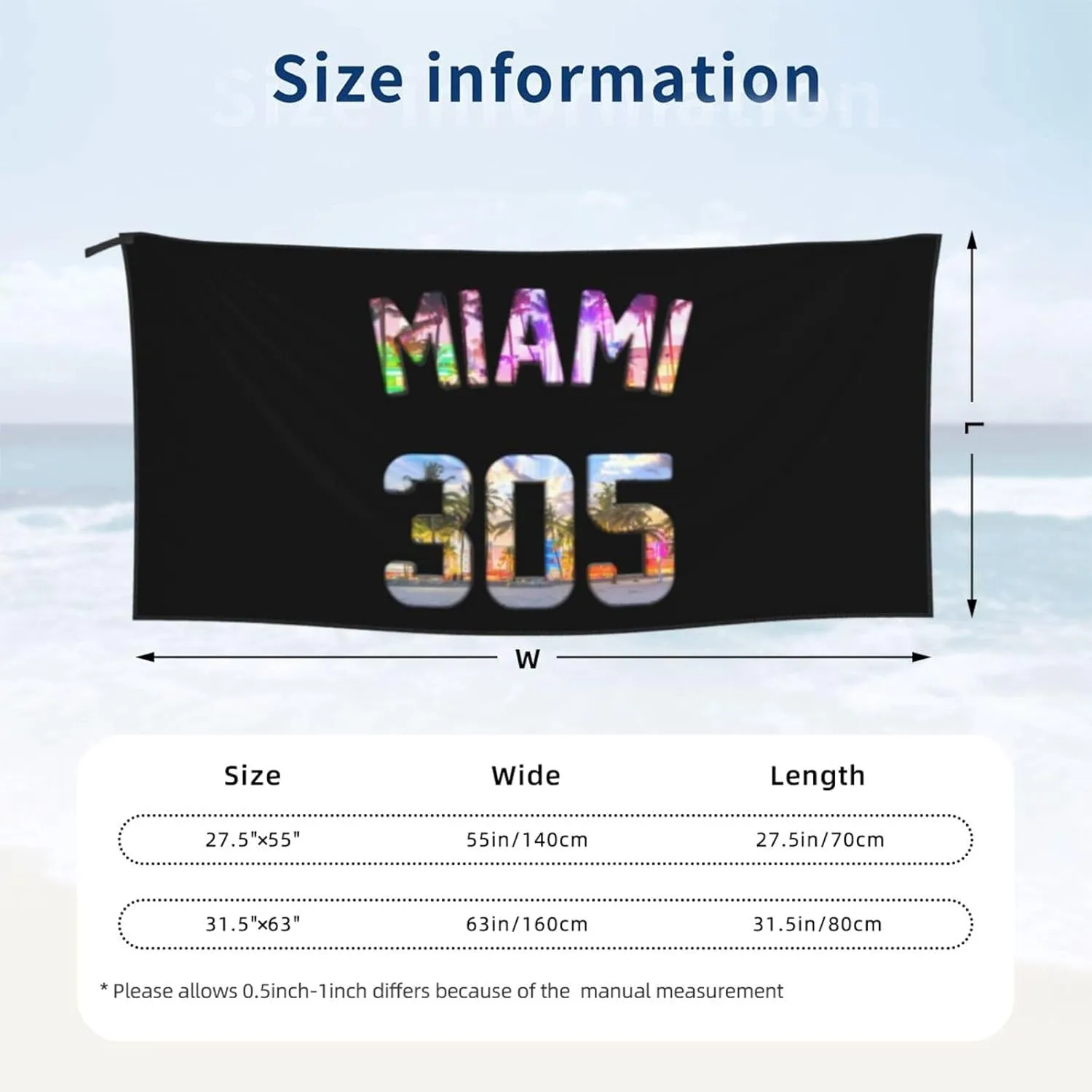 Miami 305 Beach Towel Quick Dry Sand Free Lightweight Large 31.5"x63" with Travel Bag - Vacation Essentials Bath Towel for Pool, Summer
