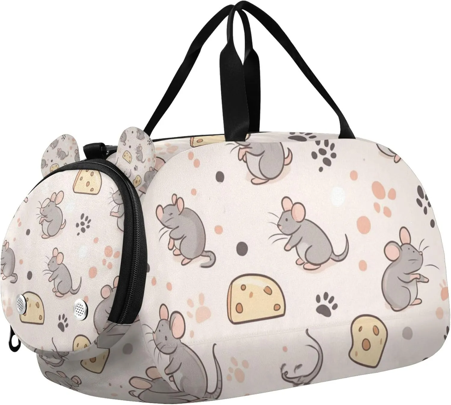 Mice Cheese and Cat Paw Prints Sports Duffle Bag for Kids Girls Boys, Gym Bag with Shoe Compartments, Kids Travel Overnight Weekender Shoulder Bag