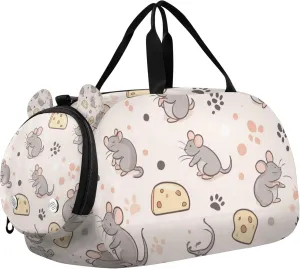 Mice Cheese and Cat Paw Prints Sports Duffle Bag for Kids Girls Boys, Gym Bag with Shoe Compartments, Kids Travel Overnight Weekender Shoulder Bag