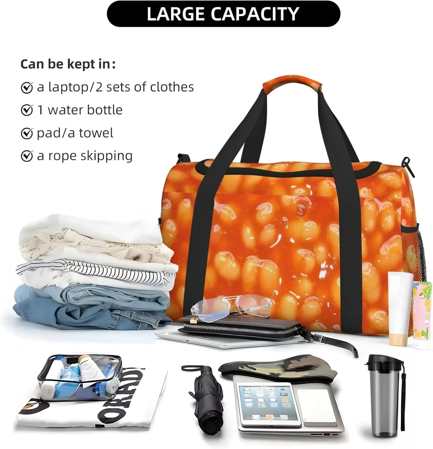 Microwave Baked Beans Travel Duffel Bag Large Foldable Waterproof Overnight Bag For Beach Swim Bags Pool Sports Gym