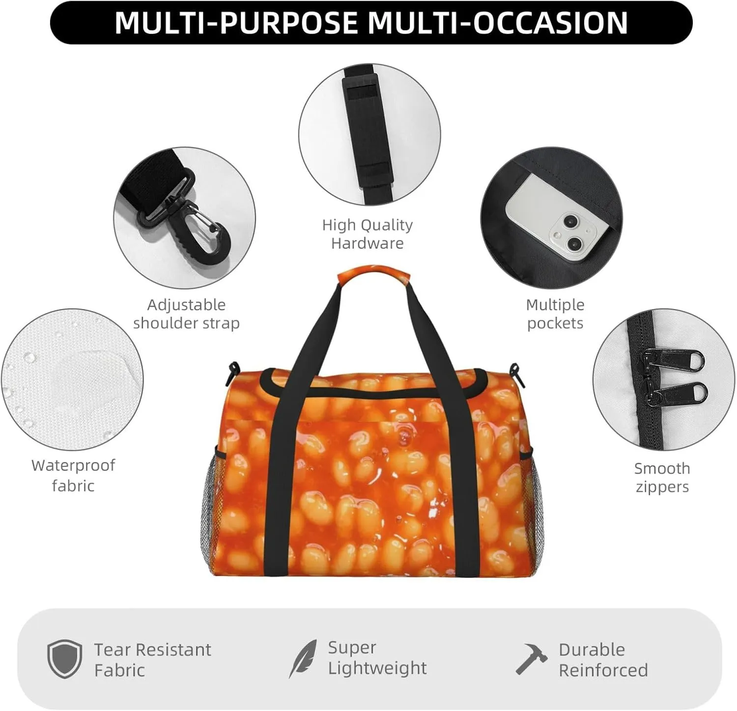 Microwave Baked Beans Travel Duffel Bag Large Foldable Waterproof Overnight Bag For Beach Swim Bags Pool Sports Gym