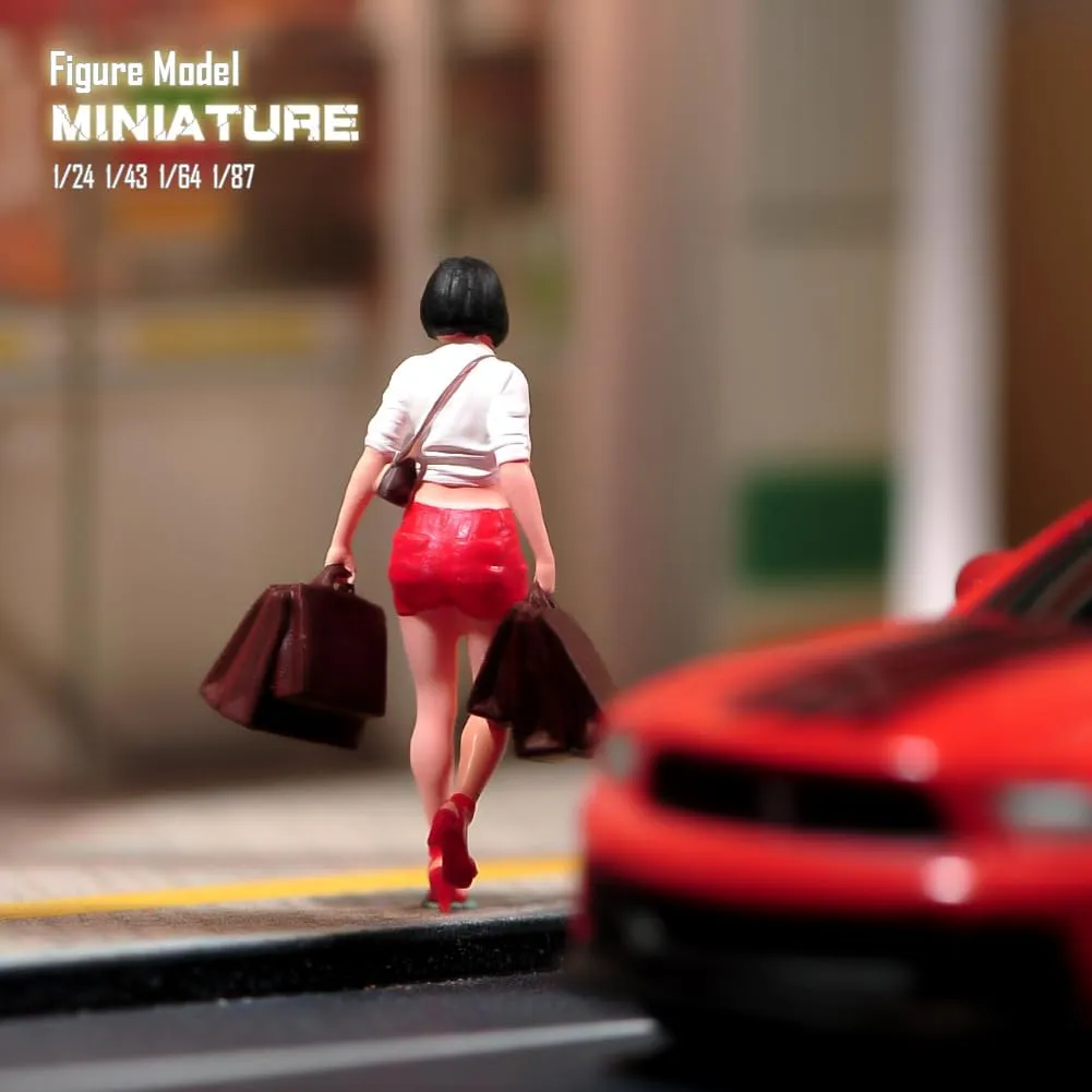 Miniatures Diorama 1/24 1/64 1/43 1/87 Scale Shopping Girl Short Hair Female Scene Action Figure Doll Model for Car Vehicles (Painted, 1:64 Scale)