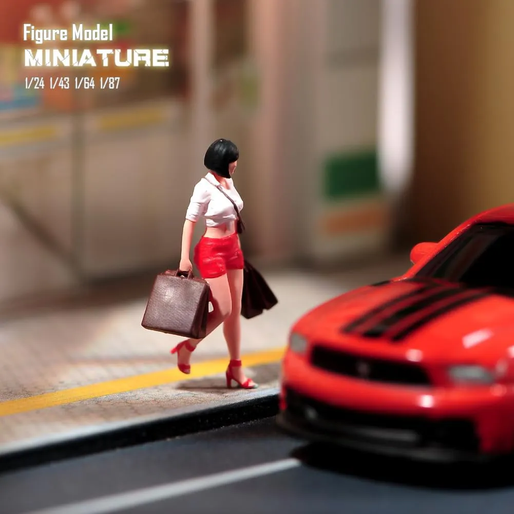 Miniatures Diorama 1/24 1/64 1/43 1/87 Scale Shopping Girl Short Hair Female Scene Action Figure Doll Model for Car Vehicles (Painted, 1:64 Scale)