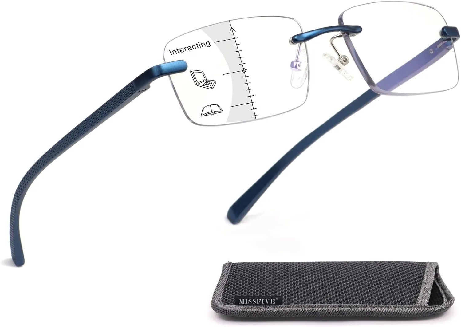 Missfive Premium Aluminum Progressive Multifocus Reading Glasses Men Blue Light Blocking, No-Line Spring Hinge Rimless Office Multifocal Metal Readers, 1.0x-2.0x on A Lens for near Range,Sapphire