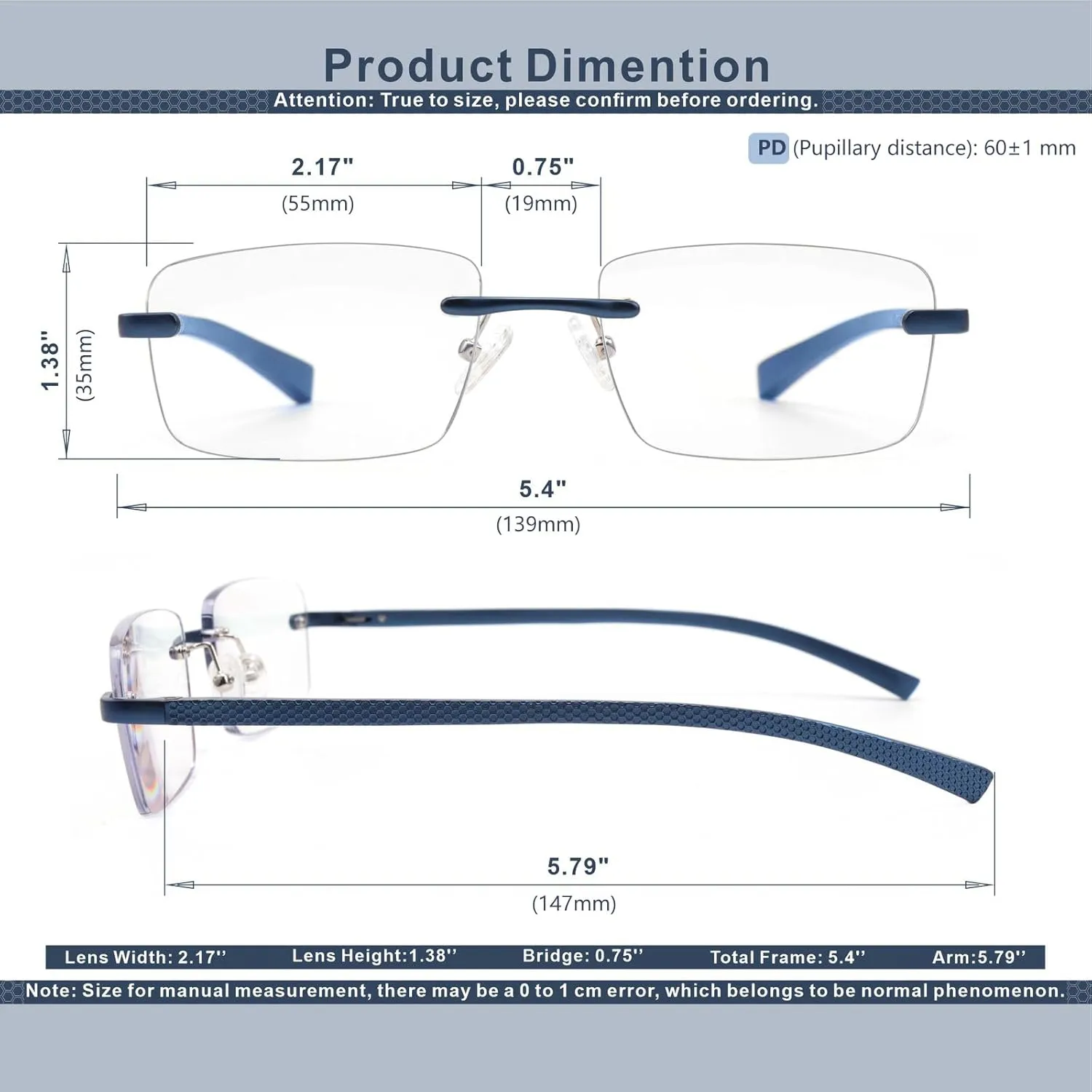Missfive Premium Aluminum Progressive Multifocus Reading Glasses Men Blue Light Blocking, No-Line Spring Hinge Rimless Office Multifocal Metal Readers, 1.0x-2.0x on A Lens for near Range,Sapphire
