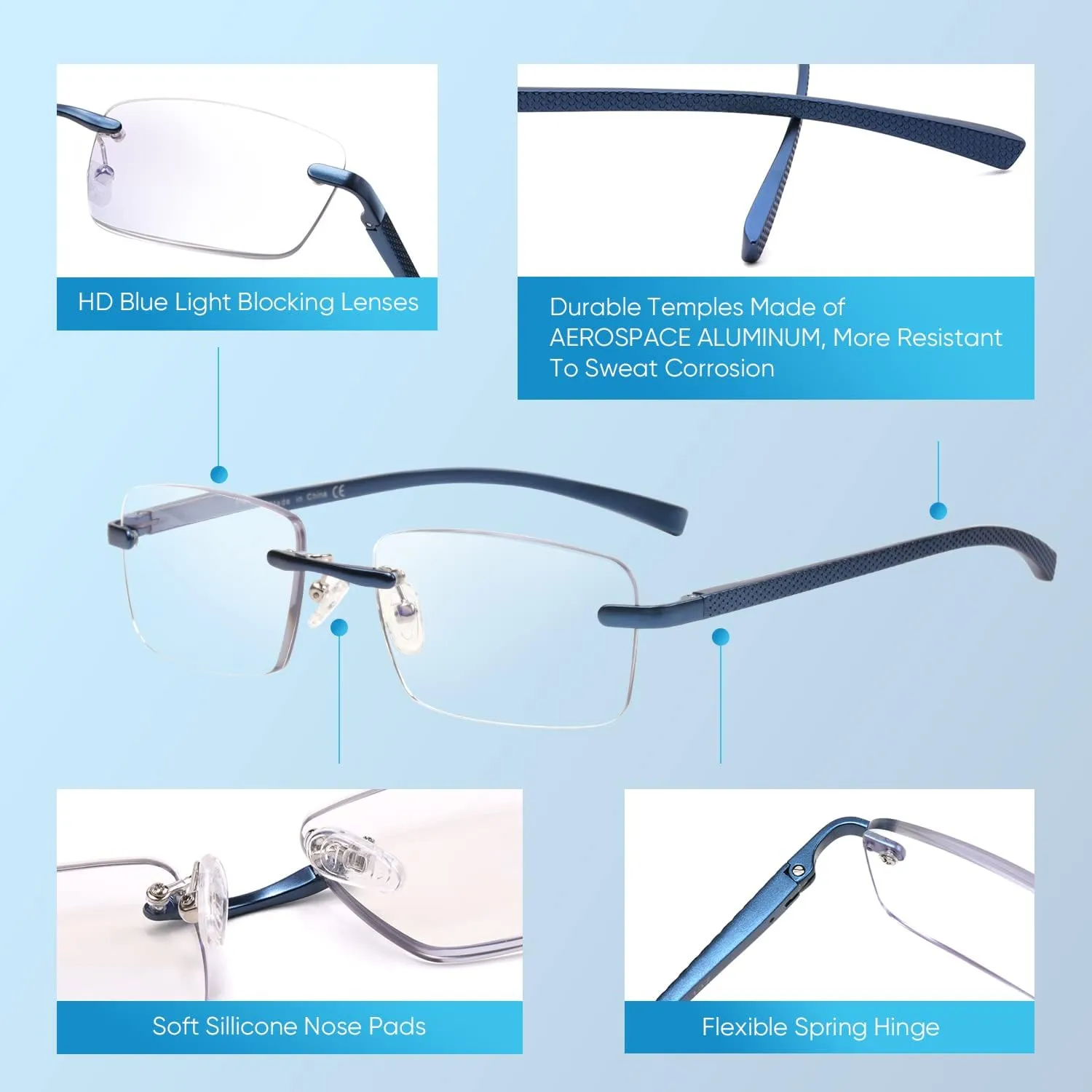 Missfive Premium Aluminum Progressive Multifocus Reading Glasses Men Blue Light Blocking, No-Line Spring Hinge Rimless Office Multifocal Metal Readers, 1.0x-2.0x on A Lens for near Range,Sapphire