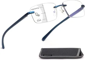 Missfive Premium Aluminum Progressive Multifocus Reading Glasses Men Blue Light Blocking, No-Line Spring Hinge Rimless Office Multifocal Metal Readers, 1.0x-2.0x on A Lens for near Range,Sapphire