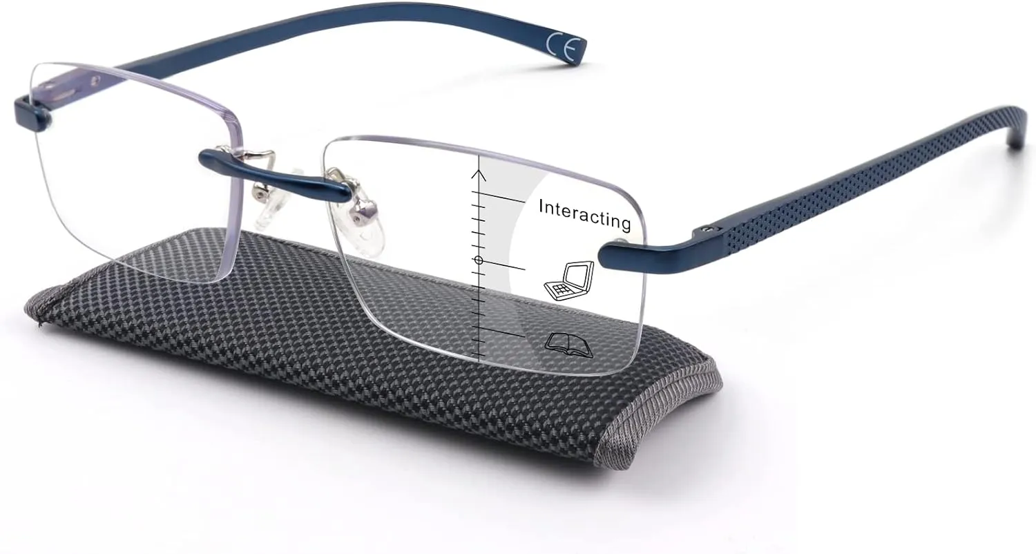 Missfive Premium Aluminum Progressive Multifocus Reading Glasses Men Blue Light Blocking, No-Line Spring Hinge Rimless Office Multifocal Metal Readers, 1.0x-2.0x on A Lens for near Range,Sapphire