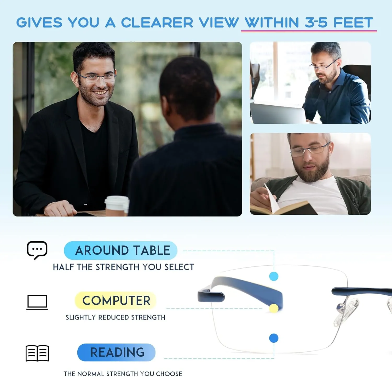 Missfive Premium Aluminum Progressive Multifocus Reading Glasses Men Blue Light Blocking, No-Line Spring Hinge Rimless Office Multifocal Metal Readers, 1.0x-2.0x on A Lens for near Range,Sapphire