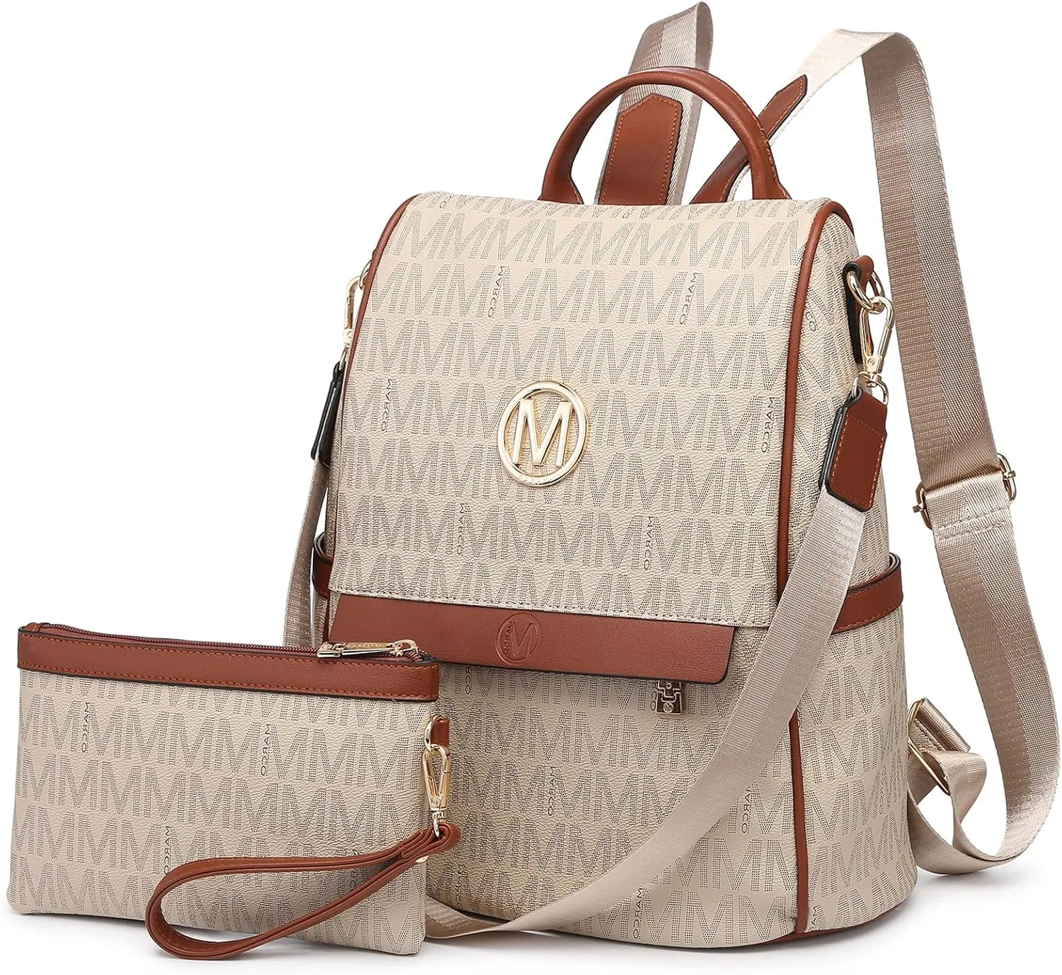 MKP Women Fashion Backpack Purse Multi Pockets Signature Anti-Theft Rucksack Travel Ladies Shoulder Bag Handbag 2Pcs