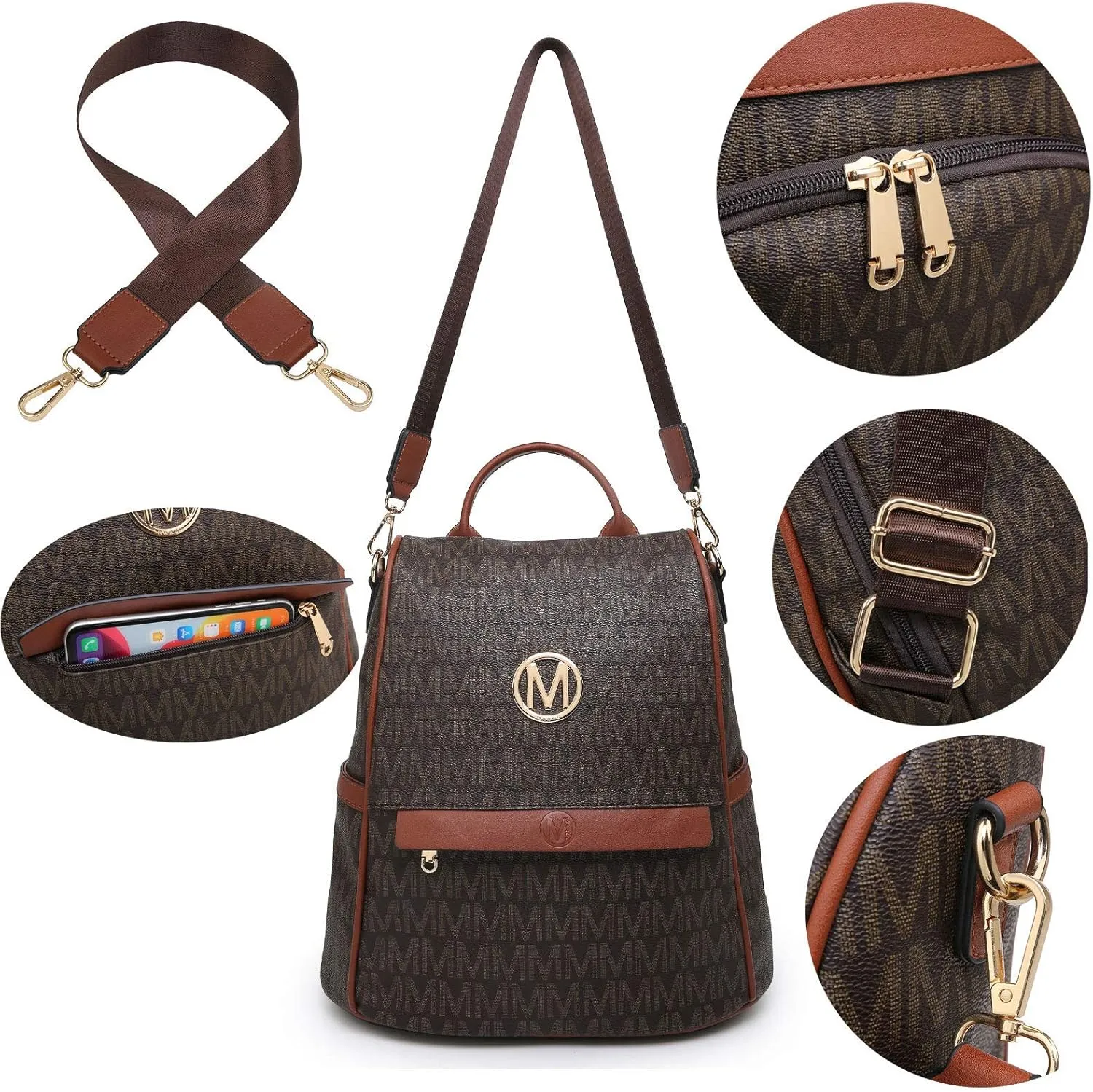 MKP Women Fashion Backpack Purse Multi Pockets Signature Anti-Theft Rucksack Travel Ladies Shoulder Bag Handbag 2Pcs