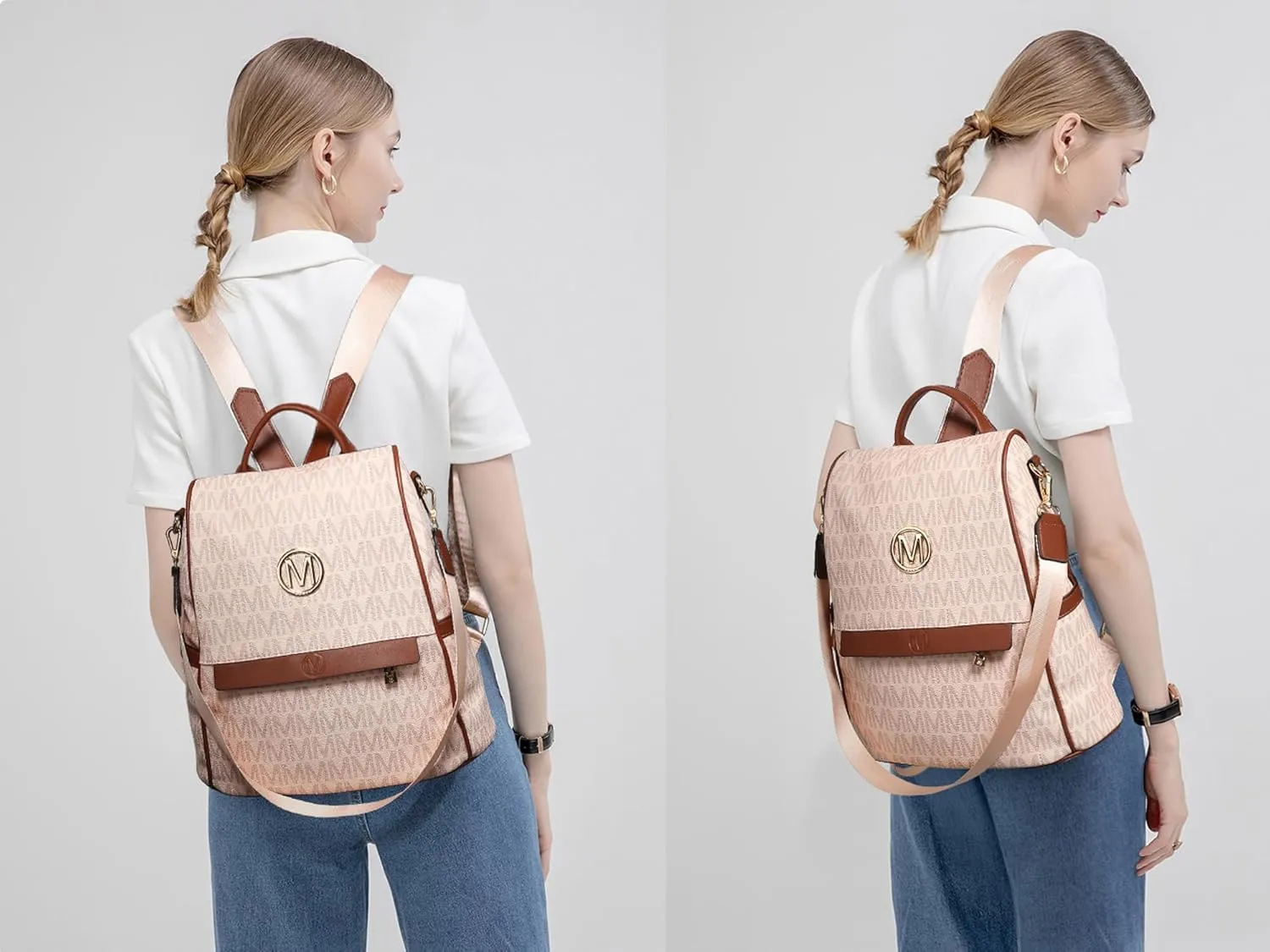 MKP Women Fashion Backpack Purse Multi Pockets Signature Anti-Theft Rucksack Travel Ladies Shoulder Bag Handbag 2Pcs