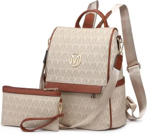 MKP Women Fashion Backpack Purse Multi Pockets Signature Anti-Theft Rucksack Travel Ladies Shoulder Bag Handbag 2Pcs