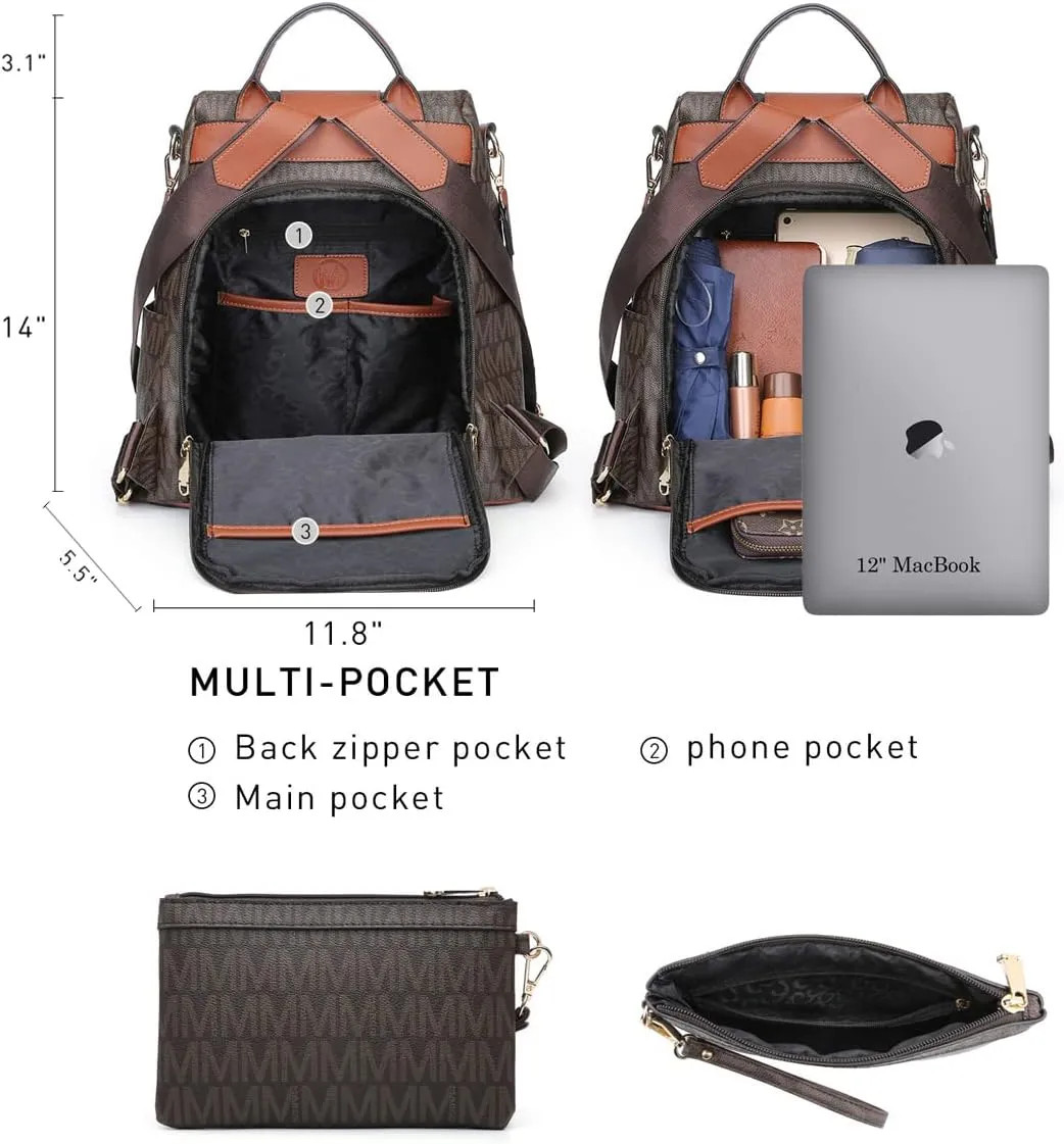 MKP Women Fashion Backpack Purse Multi Pockets Signature Anti-Theft Rucksack Travel Ladies Shoulder Bag Handbag 2Pcs