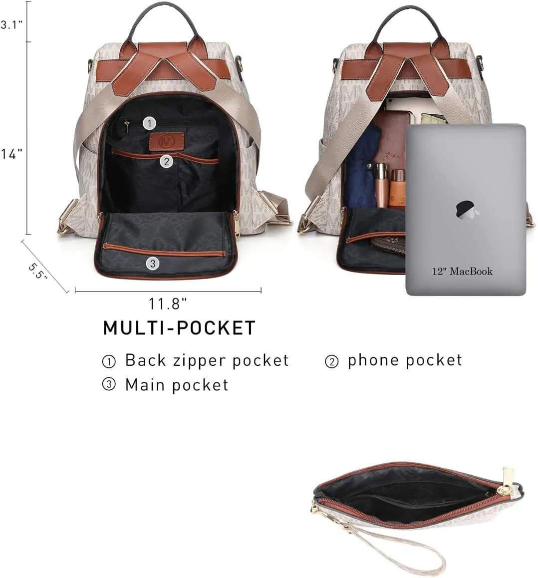 MKP Women Fashion Backpack Purse Multi Pockets Signature Anti-Theft Rucksack Travel Ladies Shoulder Bag Handbag 2Pcs