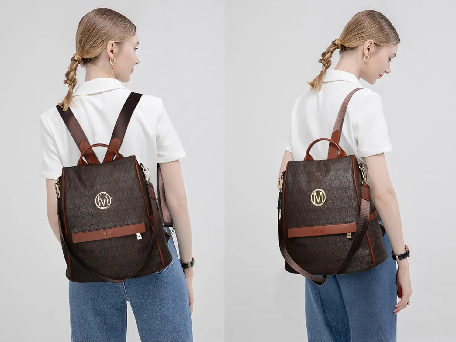MKP Women Fashion Backpack Purse Multi Pockets Signature Anti-Theft Rucksack Travel Ladies Shoulder Bag Handbag 2Pcs