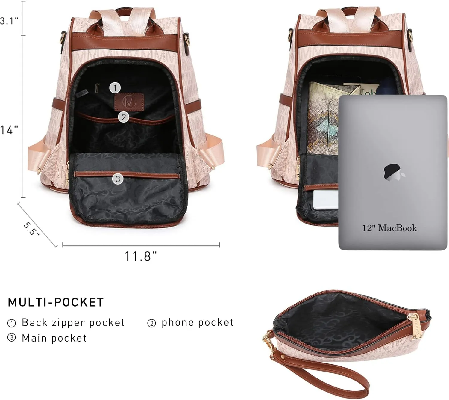 MKP Women Fashion Backpack Purse Multi Pockets Signature Anti-Theft Rucksack Travel Ladies Shoulder Bag Handbag 2Pcs
