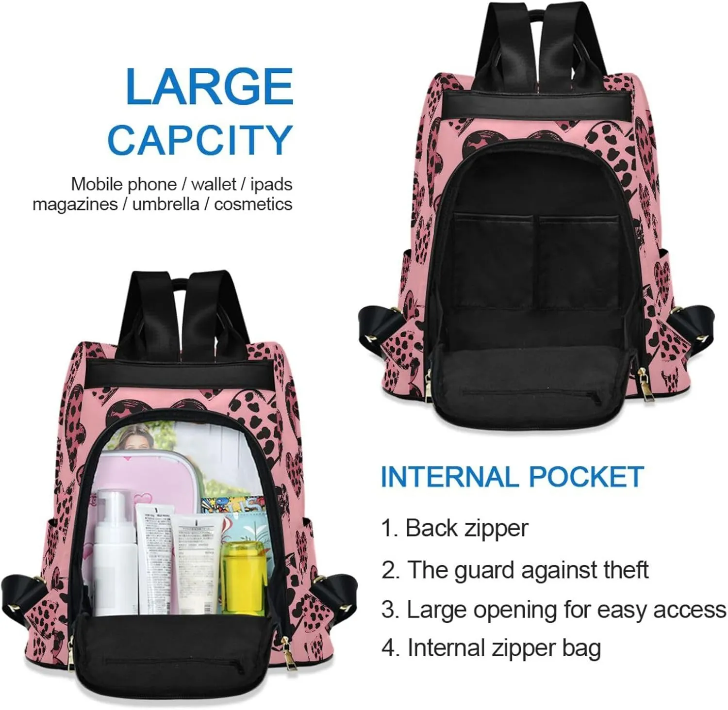 MNSRUU Women Backpack Purse Red Heart Backpack for Women Anti-theft Shoulder Bag Carry On Backpack Lightweight Rucksack Fashion Travel Ladies Bags