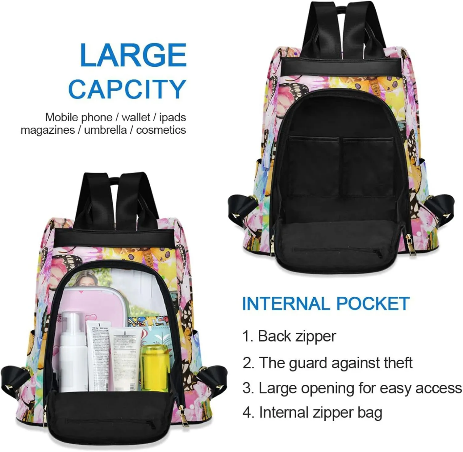 MNSRUU Women Backpack Purse Watercolor Butterfly Oil Painting Backpack for Women Anti-theft Shoulder Bag Carry On Backpack Lightweight Rucksack Fashion Travel Ladies Bags