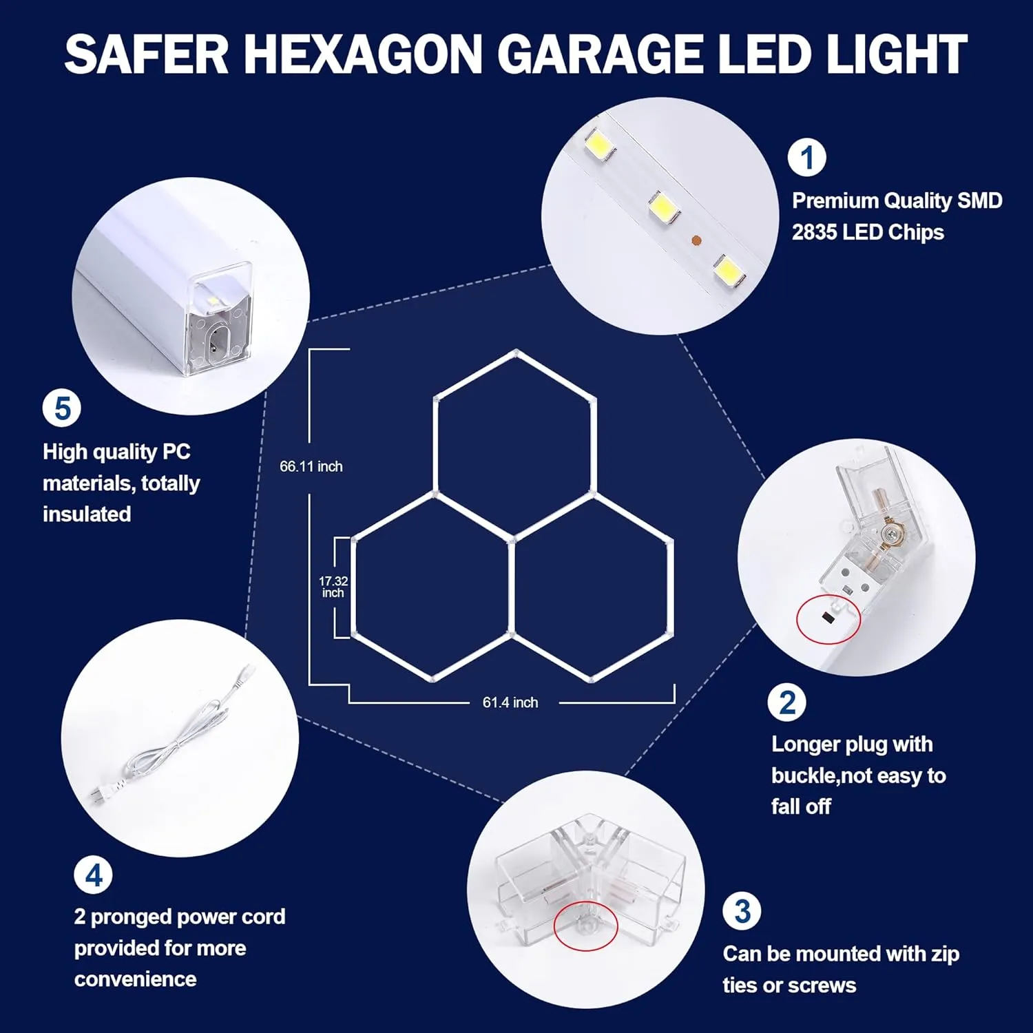 MODERN Hexagon LED Garage Light, Super Bright 105W 12600LM 65000K Daylight White LED Car Garage Light, 3 Hexagonal Grids for Garage, Shopping Mall, Workshop and Car Detailing etc.