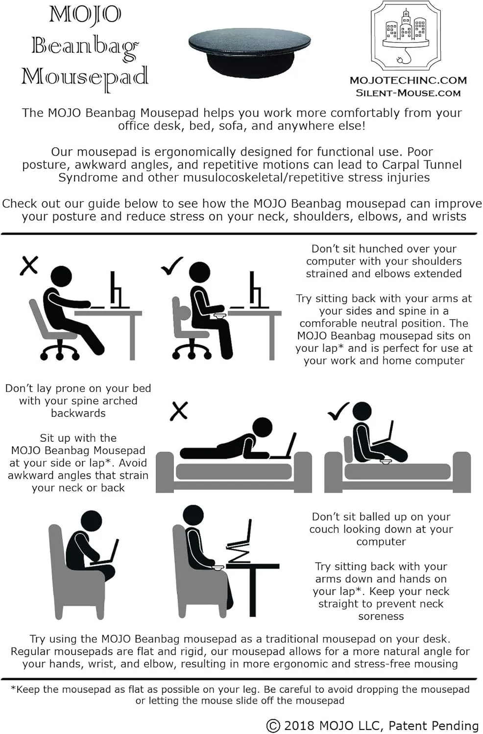 MOJO Beanbag Ergonomic Mousepad - Comfortable Mouse Pad for Sofa, Bed, Lap, Couch, and Anywhere Else (Black Leather)