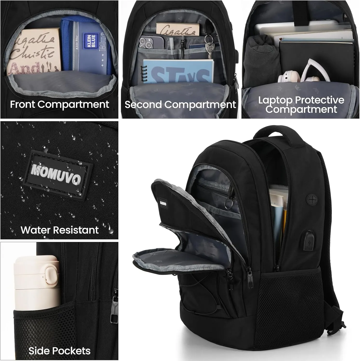 MOMUVO School Backpack for Men Teen Boys,Bookbag Water Resistant Laptop Backpack with USB for College High School Office Business