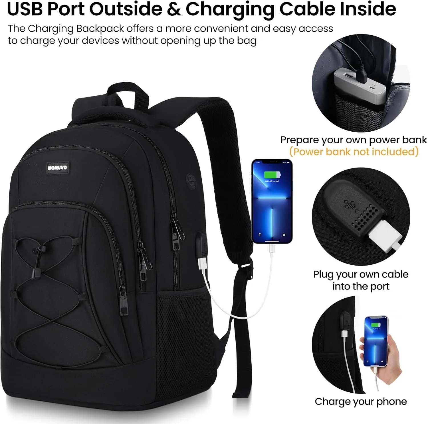 MOMUVO School Backpack for Men Teen Boys,Bookbag Water Resistant Laptop Backpack with USB for College High School Office Business
