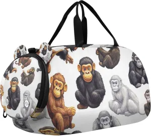 Monkeys and Primates Sports Duffle Bag for Teens Girls Boys, Gym Bag with Shoe Compartment, Kids Travel Overnight Weekender Shoulder Bag