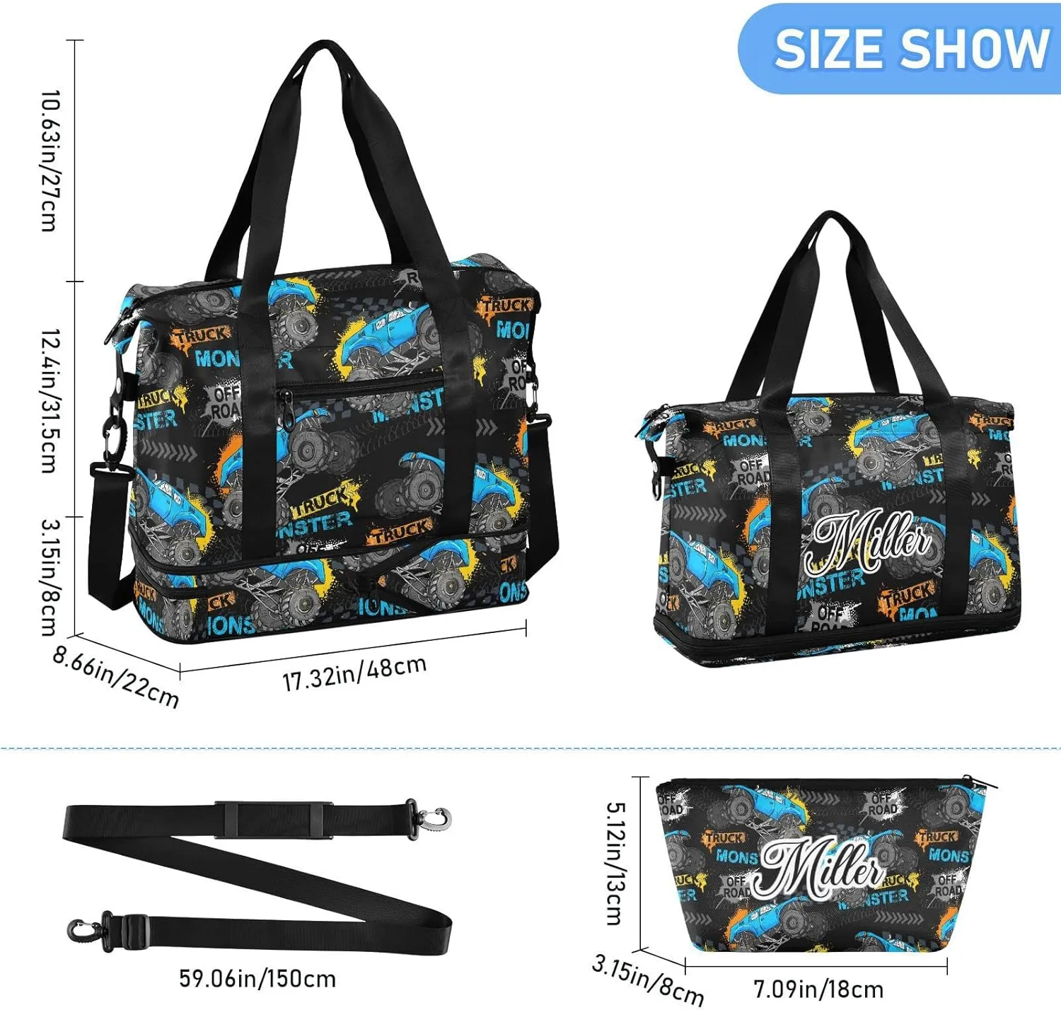 Monster Truck Tires Custom Sport Travel Duffel Bag for Women Men Gym Bag with Shoe Compartment Personalized Carry On Weekender Overnight Bags for Hospital Gym Travel