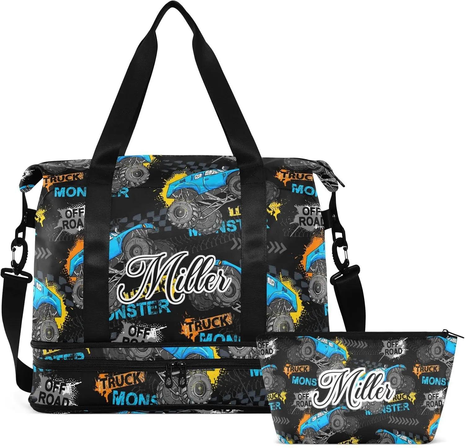 Monster Truck Tires Custom Sport Travel Duffel Bag for Women Men Gym Bag with Shoe Compartment Personalized Carry On Weekender Overnight Bags for Hospital Gym Travel