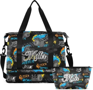 Monster Truck Tires Custom Sport Travel Duffel Bag for Women Men Gym Bag with Shoe Compartment Personalized Carry On Weekender Overnight Bags for Hospital Gym Travel