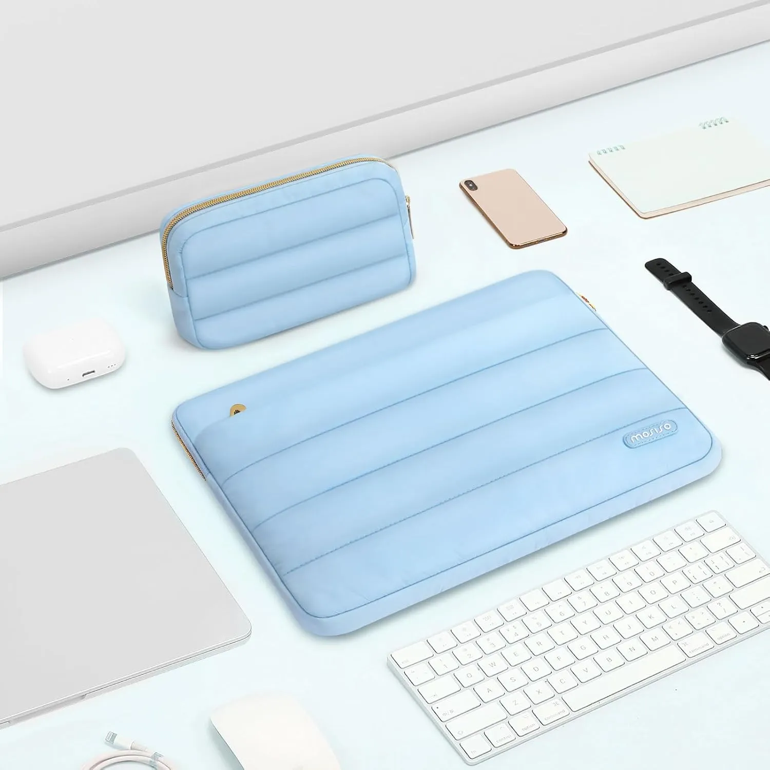MOSISO 13-14 inch Laptop Case, 13.3 inch Puffy Laptop Sleeve Compatible with MacBook Air 13 13.6 M3 M2 M1/Pro 13/Pro 14, HP, Dell, ASUS, Lenovo, Polyester Horizontal Bag with Small Case, Air Blue