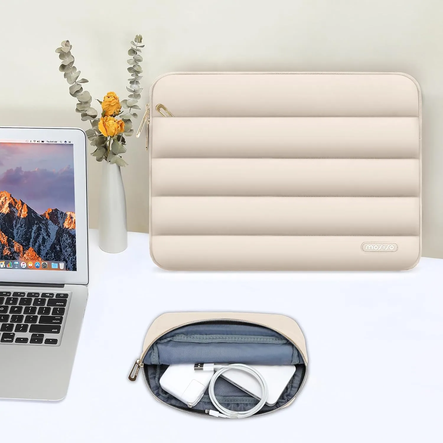 MOSISO 13-14 inch Laptop Case, 13.3 inch Puffy Laptop Sleeve Compatible with MacBook Air 13 13.6 M3 M2 M1/Pro 13/Pro 14, HP, Dell, ASUS, Lenovo, Polyester Horizontal Bag with Small Case, Sand