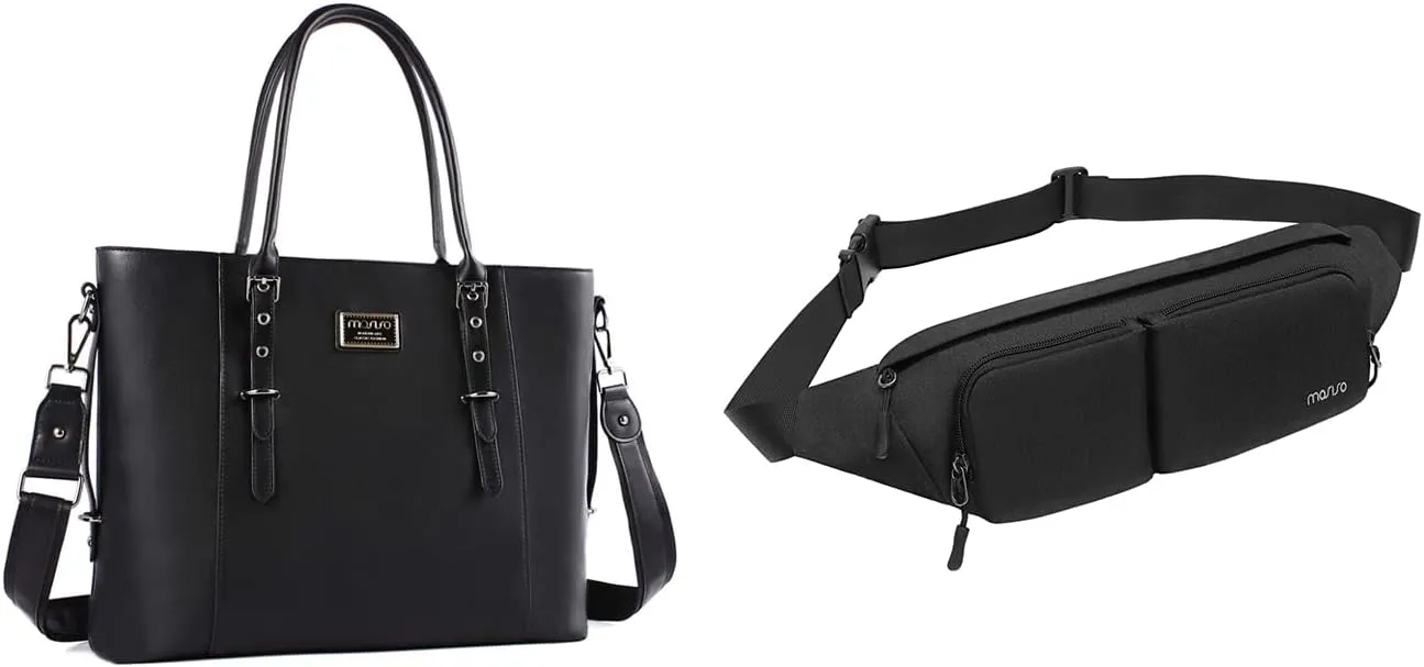 MOSISO PU Leather Laptop Tote Bag for Women (17-17.3 inch)&Fanny Pack with 2 Front Zipper Pockets, Black